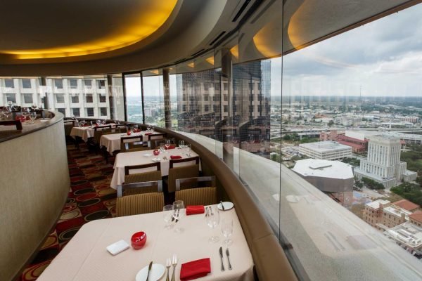 The rotating view seen at the Spindletop Restaurant at the top of the Hyatt Regency, Tuesday, May 28, 2013, in Houston.  The Spindletop is turning 40 in June and to mark the anniversary the restaurant is creating dishes and cocktails that pay homage to the food and drink of the 70's when the restaurant first made the scene.  ( Michael Paulsen / Houston Chronicle )